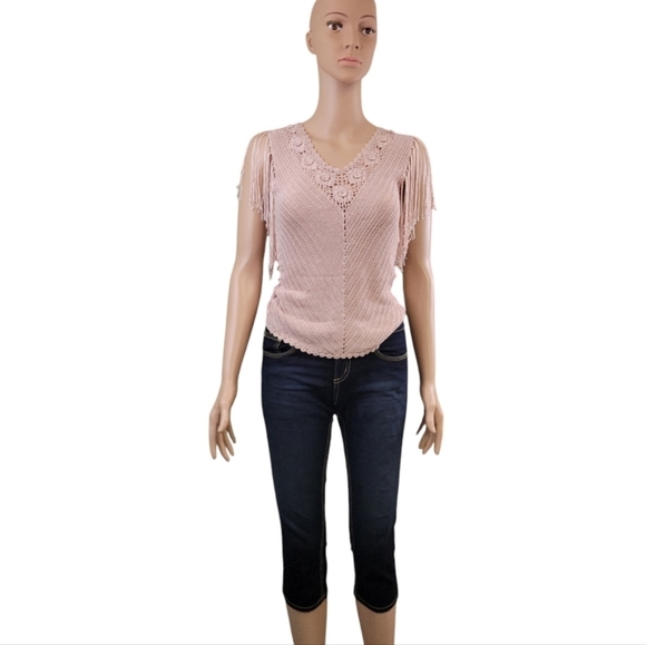 The Limited Womens Vtg y2k Hand Knit Beaded Fringe Crochet V Neck Pink Top SzS🖤 - Picture 14 of 15